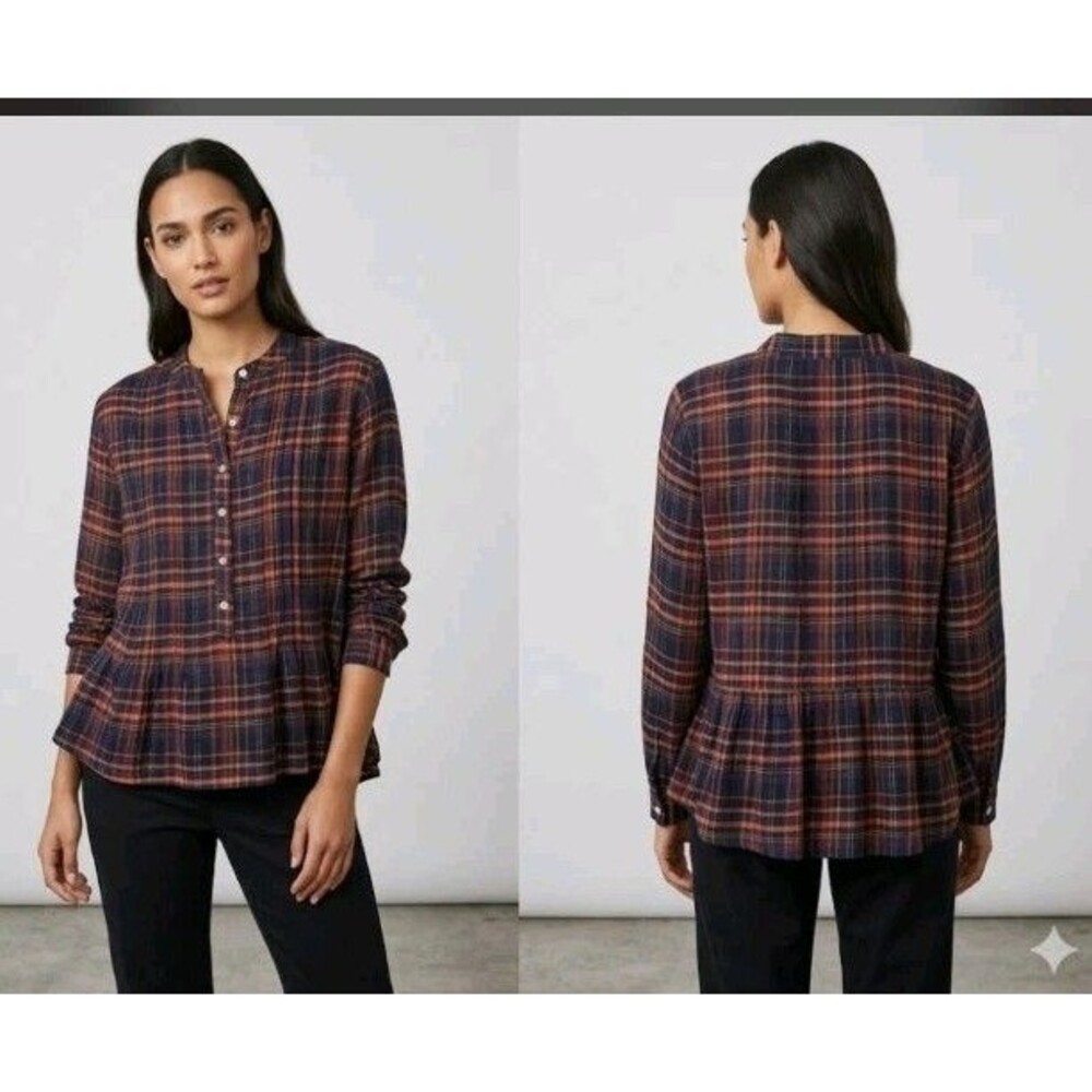 Natural Life Blouse Size M Button Pleated Plaid Long Sleeve Lurex Blend